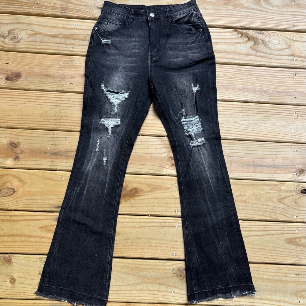 Distressed Black Women's High Waisted Jeans Flare Bottoms Y2K Black Ripped Large